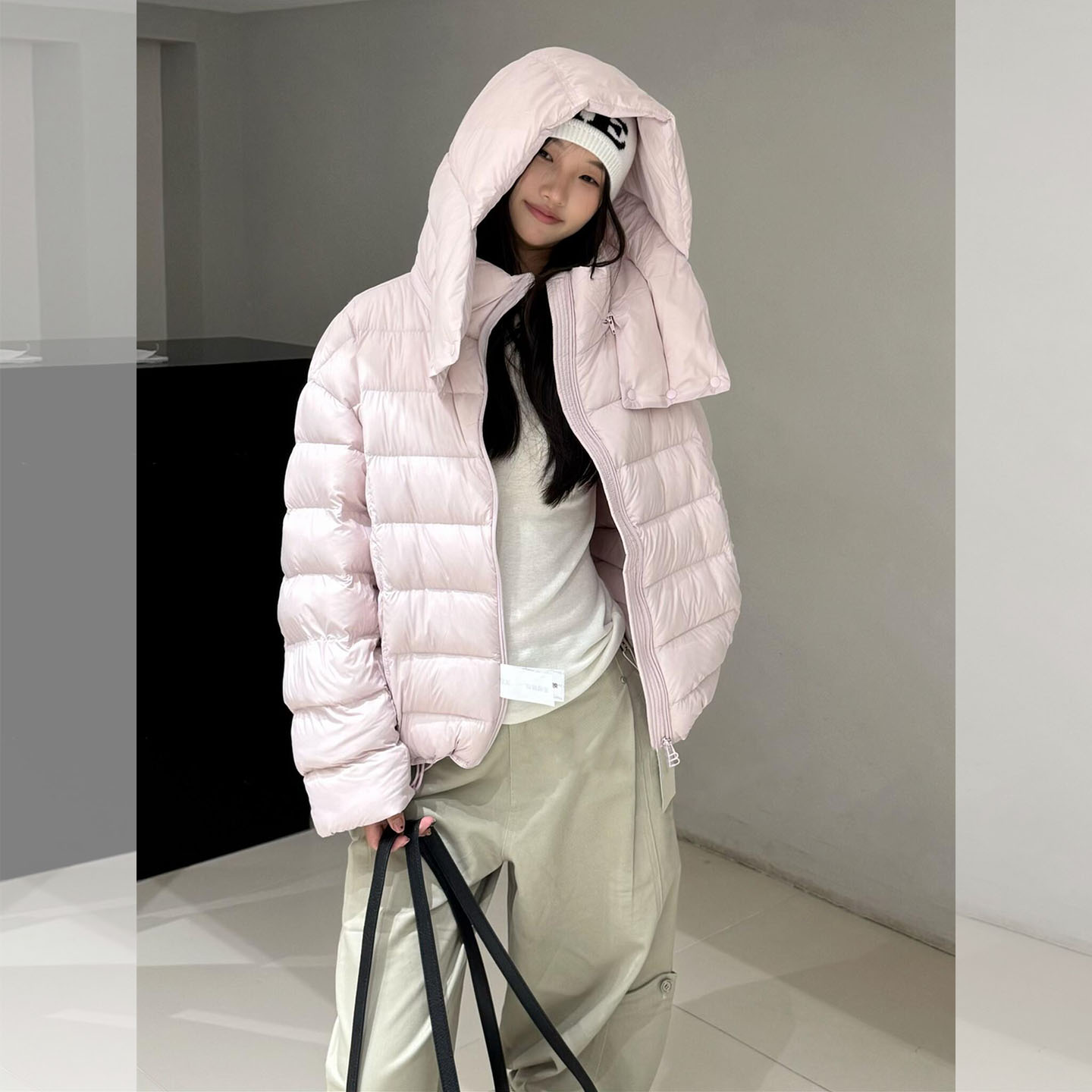 帕可妮妮粉色连帽龟背排骨羽绒服