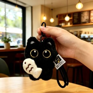 可爱呆萌抱小鱼大眼黑猫挂件毛绒玩偶情侣包挂件创意小黑猫钥匙扣