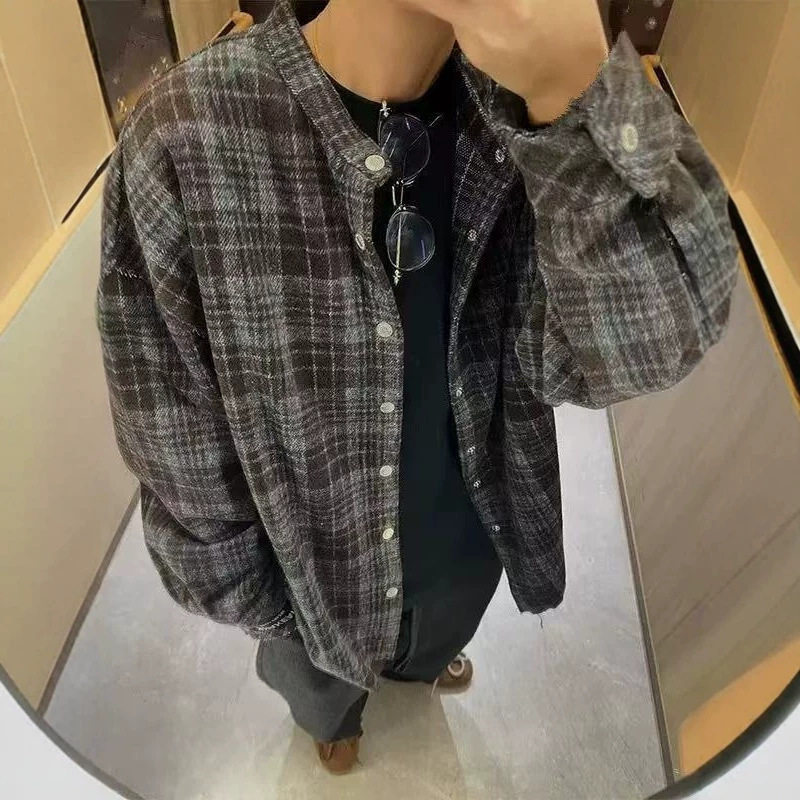 复古慵懒风格子立领衬衫男款秋季高级感宽松衬衣cleanfit休闲外套