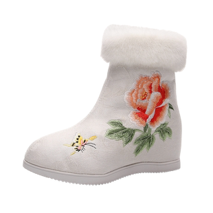 冬季汉服靴女内增高加绒保暖棉靴冬天绣花鞋古风古装短靴国风布靴