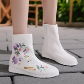 平底汉服靴子古风靴古装 老北京布鞋 女秋冬新季 中筒靴绣花布靴皂靴
