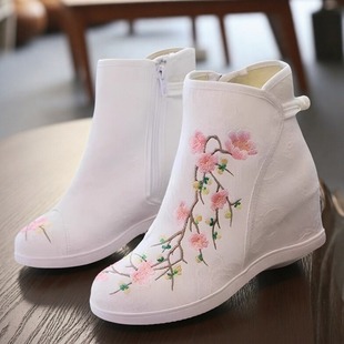 秋冬季古风鞋子女汉服鞋内增高跟旗袍单靴民族风绣花鞋古装短靴子