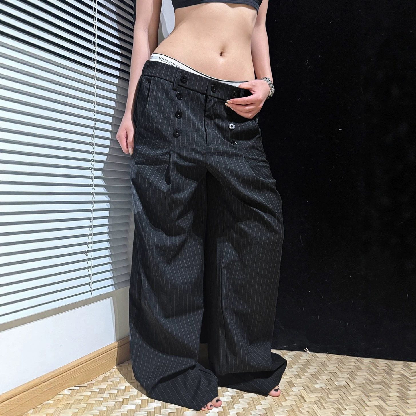 J LONE高级感排扣竖条纹西裤男女宽松直筒慵懒感西装裤直筒休闲裤