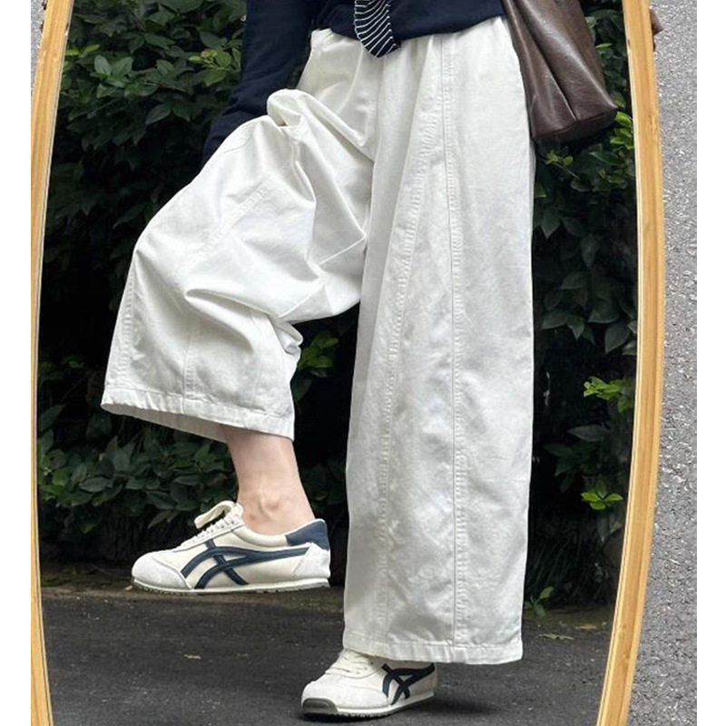 日系白色九分裤子垂感高级感胖mm大码显瘦宽松工装休闲气球阔腿裤