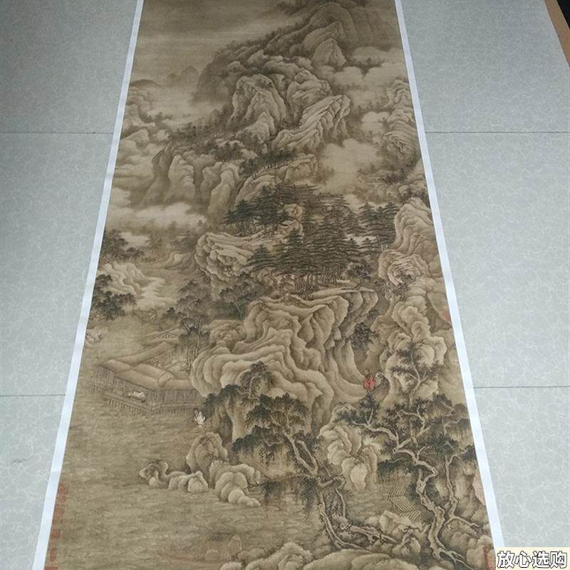 巨然湖山春晓V图国画绢画微喷复制画彷古山水立轴装饰画
