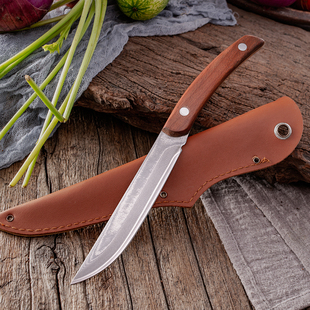 大马士革钢长款小刀家用水果刀VG10花纹木柄削果皮瓜果蔬锋利刀具