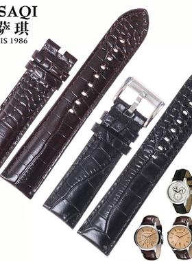 适用于适合阿玛尼AR2425AR9022黑色鳄鱼纹方孔针扣玫瑰金真皮手表