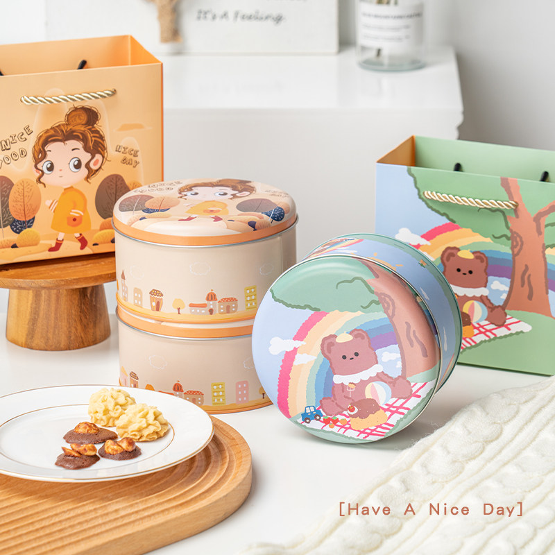卡通手绘曲奇饼干包装铁盒可可脆片烘焙罐子 糖果雪花酥牛轧糖盒