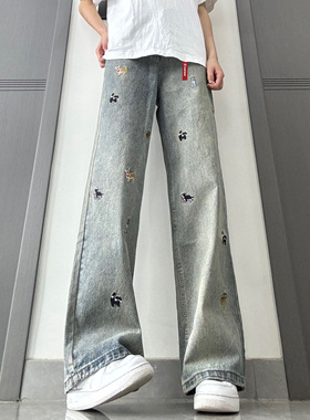 ColorfulCreations高街趣味小狗刺绣微喇裤复古潮垂感直筒牛仔裤