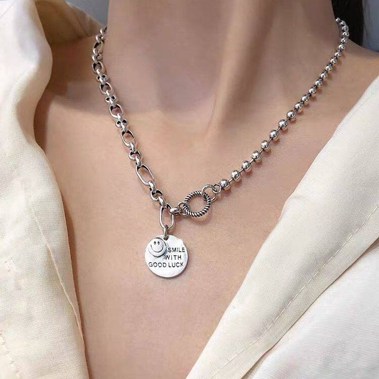 美式复古项链纯银复古圆牌笑脸项链女锁骨链微笑小众冷淡风饰品