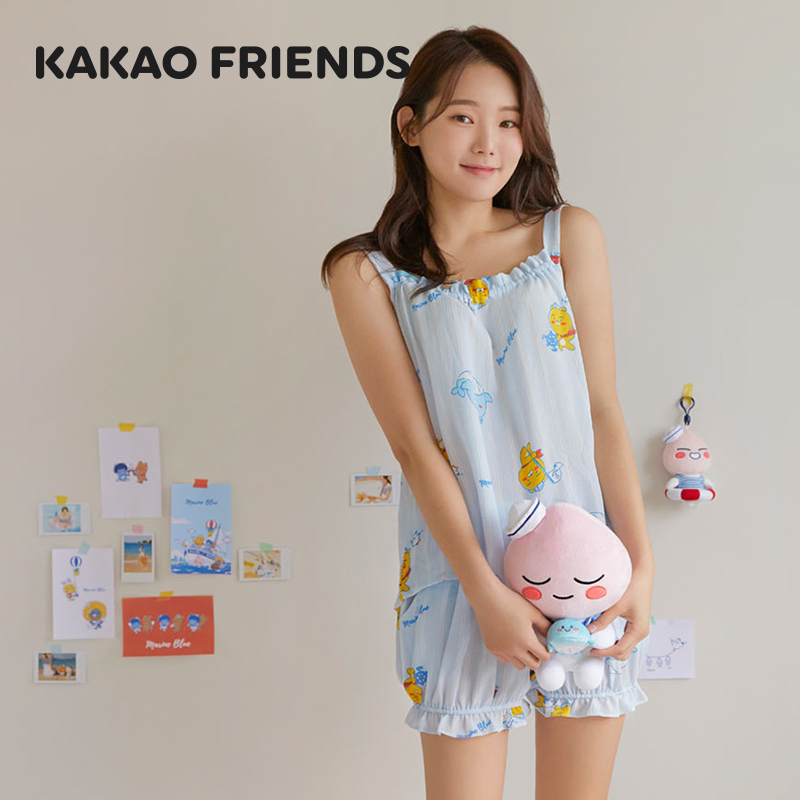 kakao friends 海洋系列泡泡纱女式无袖睡衣套装带眼罩舒适家居服