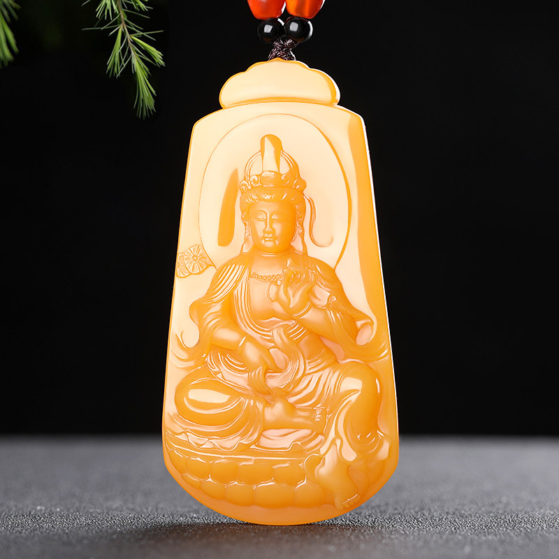 正品精工雕刻黄龙玉观音吊坠男士款天然玉石观音菩萨玉坠项链玉牌