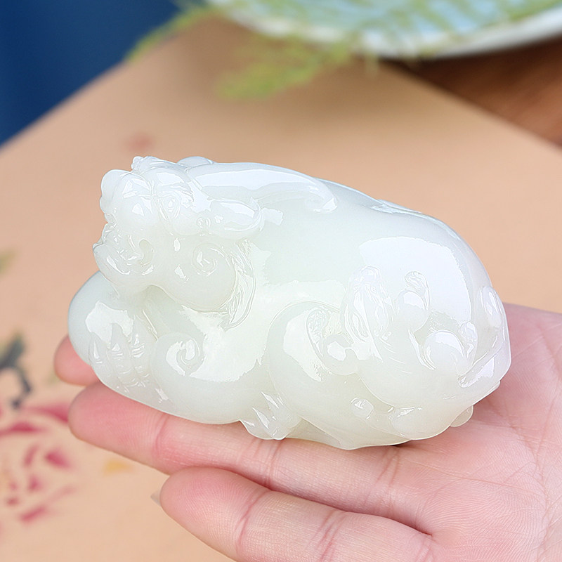 正品精工雕刻和田玉羊脂玉貔貅手把件母子貔貅把玩件男女款玉把件
