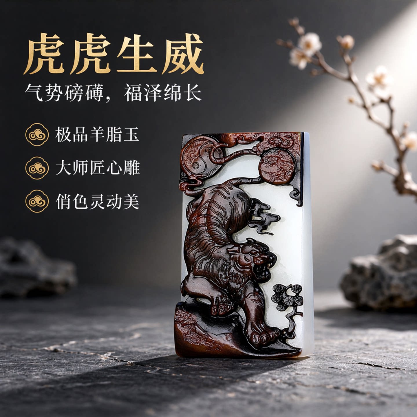 孤品大师和田玉羊脂玉生肖虎玉佩男女款猛虎下山玉器挂件虎虎生威