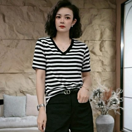 t恤女2025夏季新款时尚V领条纹宽松短袖休闲百搭显瘦纯棉体恤上衣