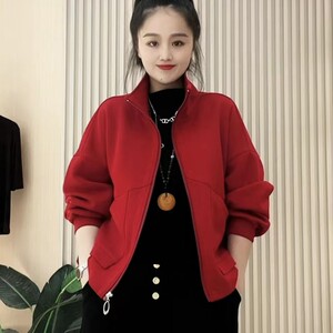 加绒休闲外套女2023秋季新款时尚立领夹克衫百搭大口袋开衫上衣潮