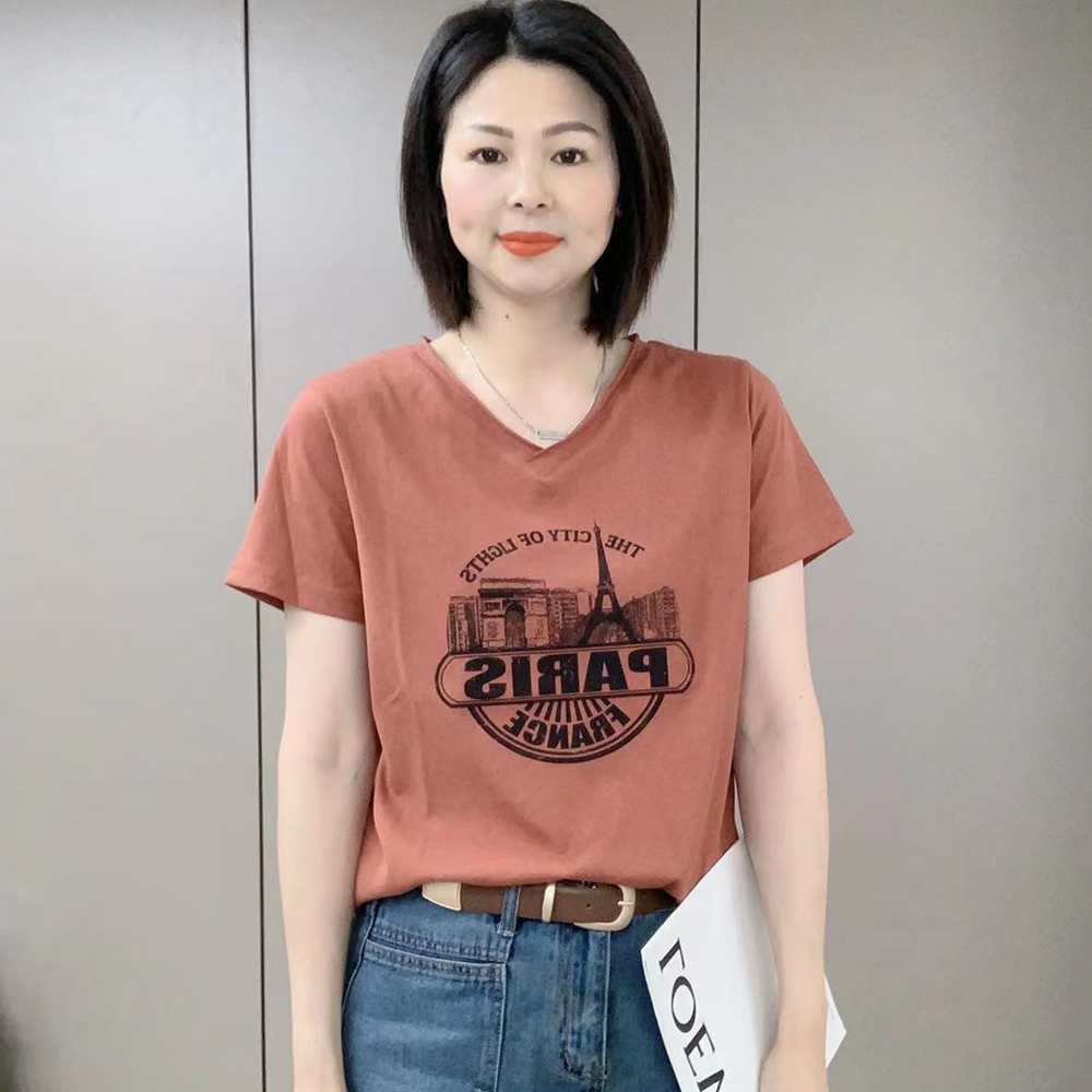 t恤女2025夏季新款韩版时尚印花V领短袖休闲宽松百搭显瘦洋气上衣