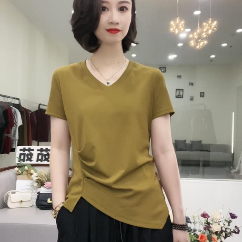 t恤女2025夏季新款下摆开叉不规则V领纯色短袖休闲显瘦加大码上衣