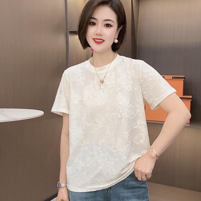冰蚕丝提花圆领T恤短袖女