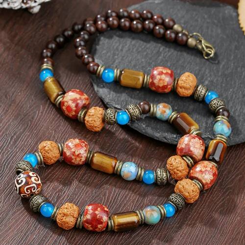 1PC Men's ethnic boho tiger eye stone beaded necklace for