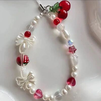 Cute Red Cherry Bow Pearl Phone Chain Lanyard Charm Strap