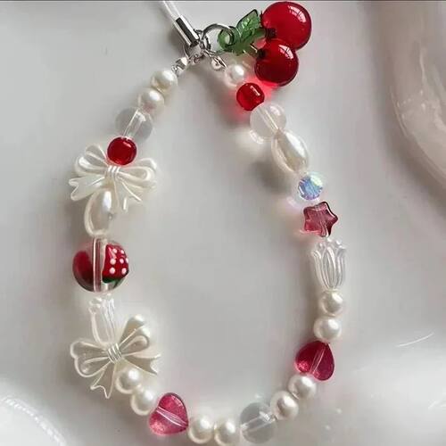 Cute Red Cherry Bow Pearl Phone Chain Lanyard Charm Strap