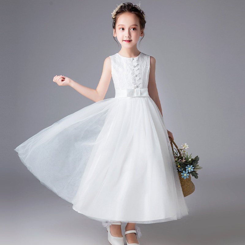 女童礼服公主裙新款儿童花童婚纱白色长款中大童无袖连衣裙子夏季