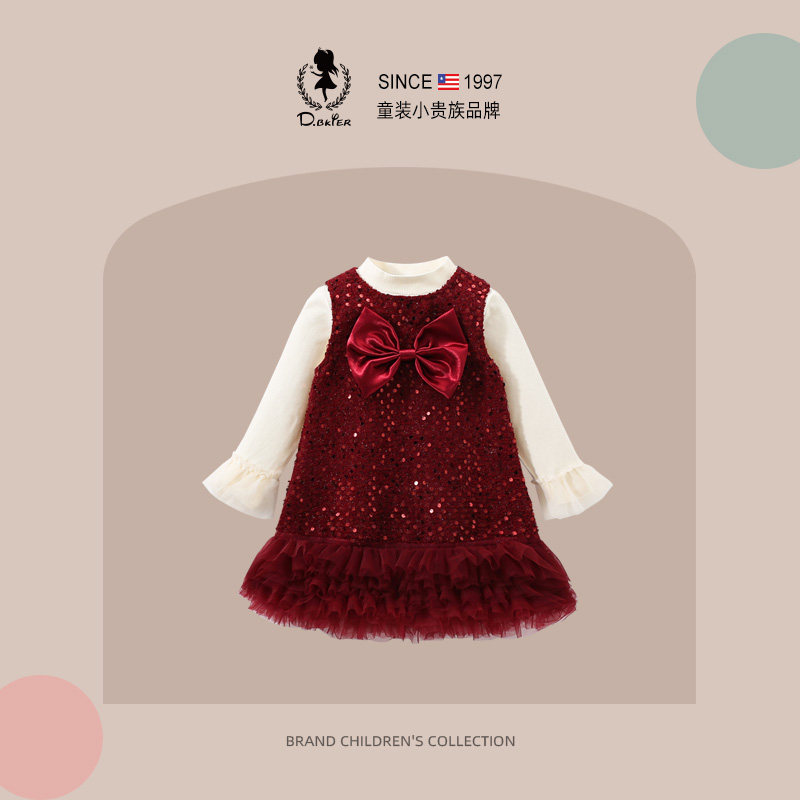 sesameclub女童连衣裙冬加绒加厚生日公主裙新年过年红色礼服裙子