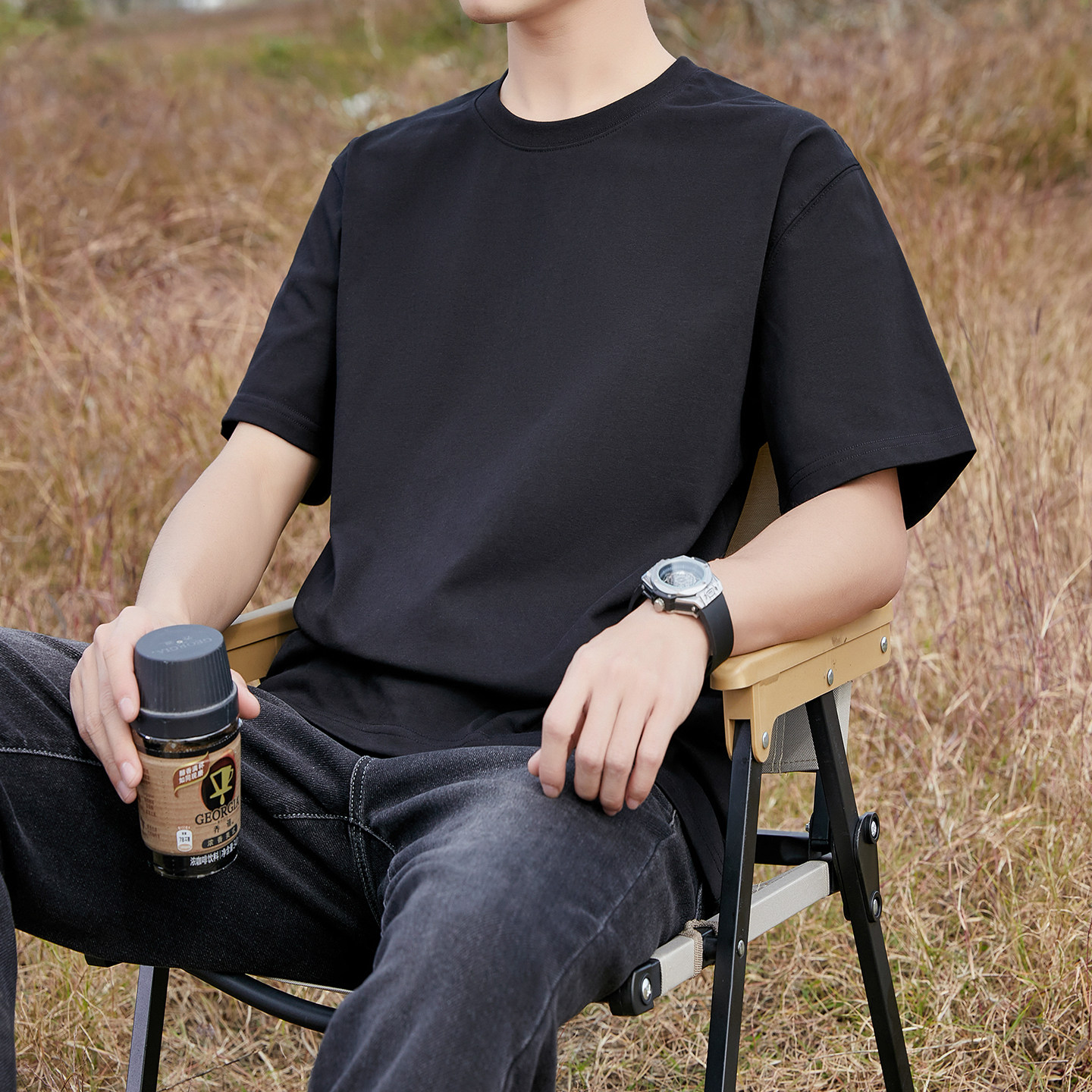 "NO LOGO"纯棉240G新疆长绒棉T恤男短袖宽松圆领纯色休闲百搭体恤