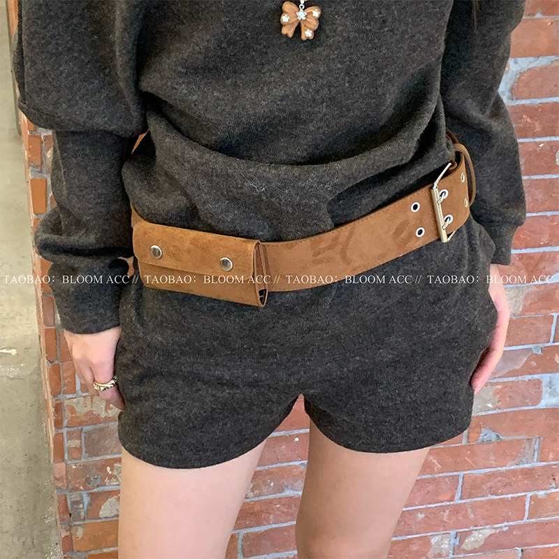 ins风博主同款棕色麂皮绒连体腰带包复古时尚辣妹皮带腰间配饰包