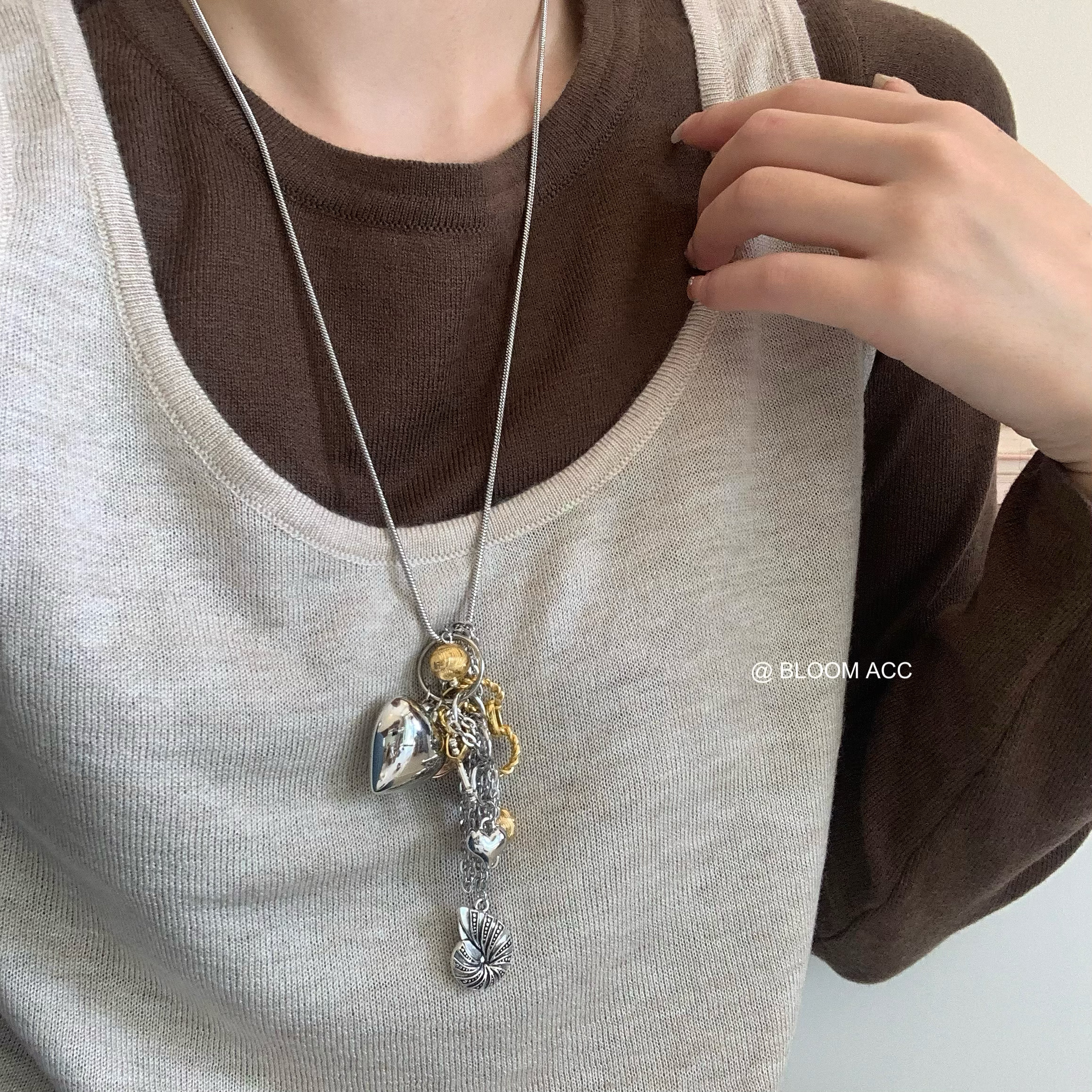 乌托邦复古金属爱心项链小众设计金银双色复古潮流长链毛衣链