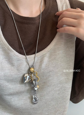 乌托邦复古金属爱心项链小众设计金银双色复古潮流长链毛衣链