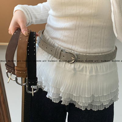 新款小众高级灰绒面pu拼接铆钉腰带皮带腰封百搭休闲皮带配饰带