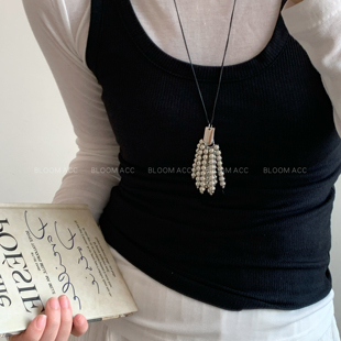 韩系东大门金属流苏银色葡萄串吊坠项链长款 可调节黑绳毛衣链配饰