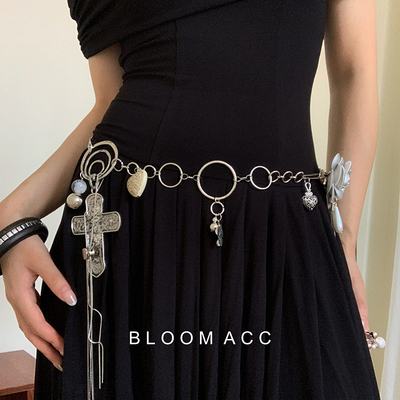 重工小香风银色花朵银环拼接十字架金属腰链高级感连衣裙裤子链