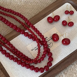 2024流行新款 安可拉红色串珠项链锁骨链复古港风简约馒头珠耳钉