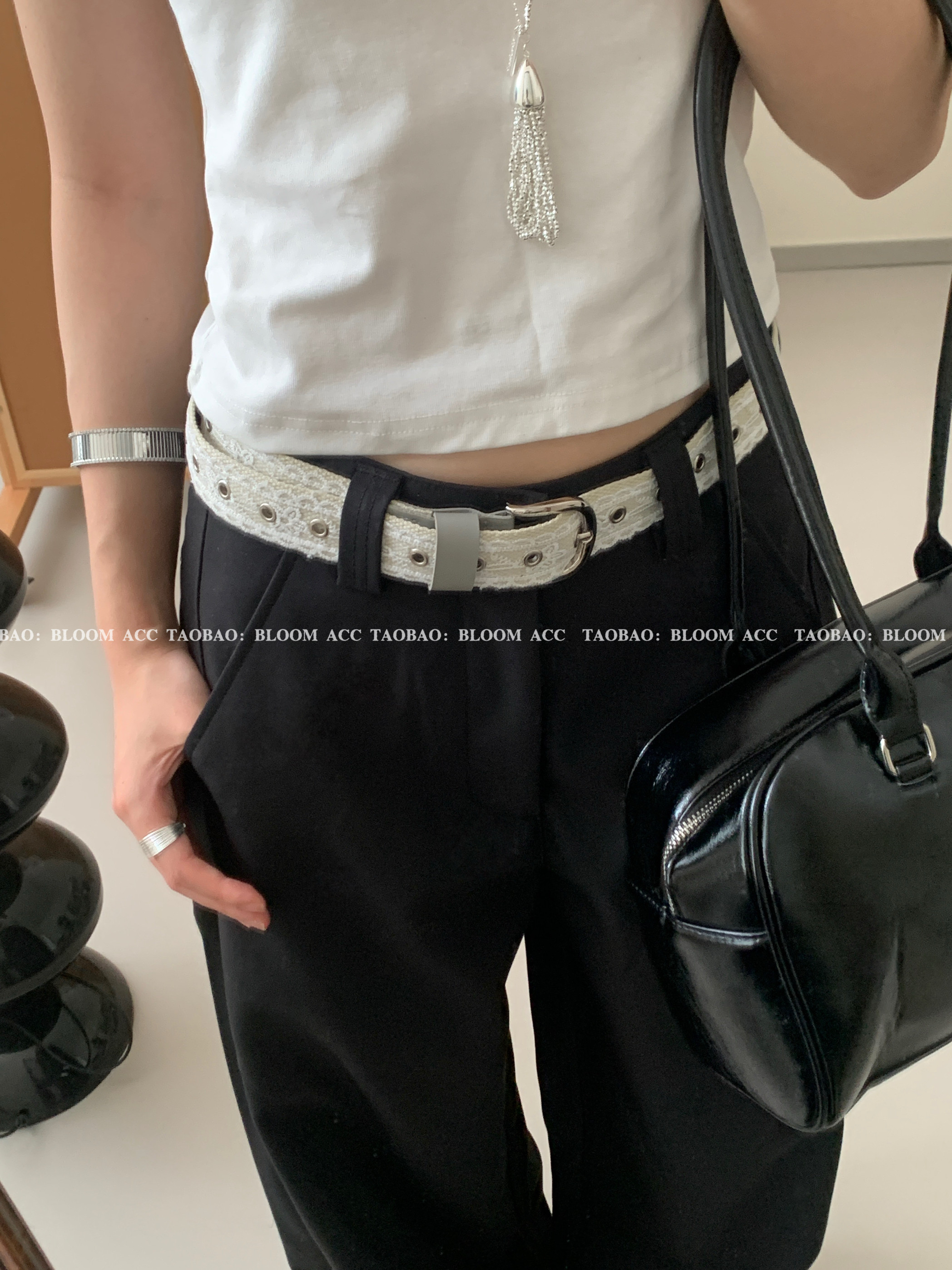 韩国ins博主同款复古蕾丝花纹刺绣重工奶白小众金属扣腰带裤带