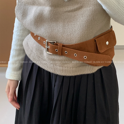 韩小众设计时尚磨砂绒一体腰带包皮革皮带腰封腰包连衣裙裤子配饰