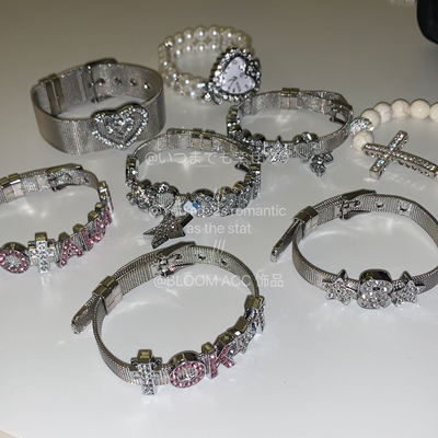 Y2K风辣妹自制字母水钻爱心十字架手表式银色手链手镯钛钢手饰潮