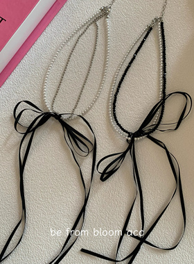 2024早春韩国新款y2k甜酷少女风芭蕾风丝带蝴蝶结珍珠项链双层链