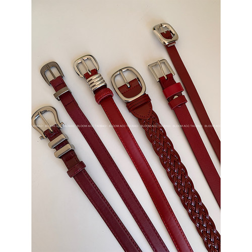 高级感简约安可拉红色系腰带细版牛皮皮带复古原色配牛仔裤裤带