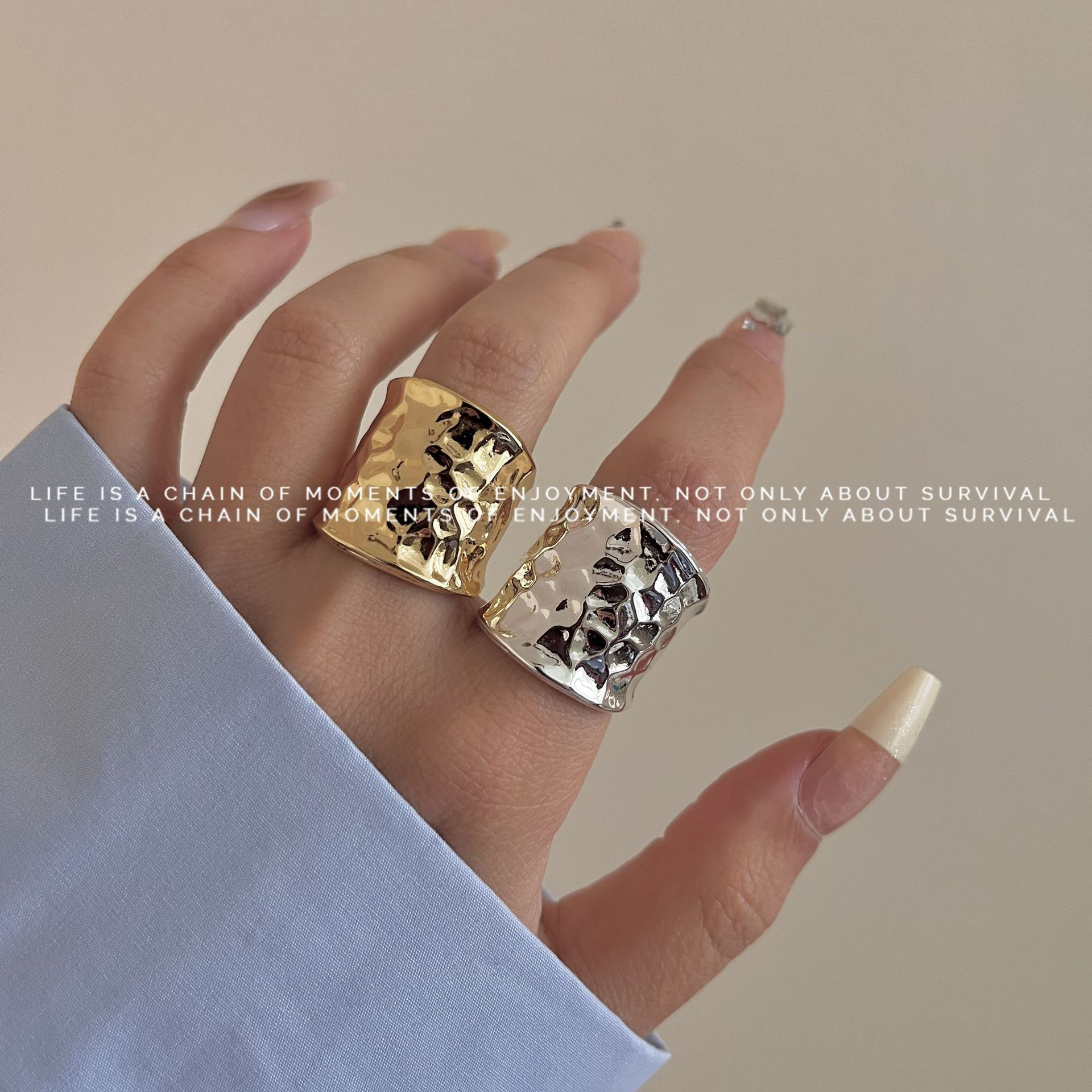 新款欧美ins风金属水波纹宽面戒指重工时尚夸张开口食指戒女潮