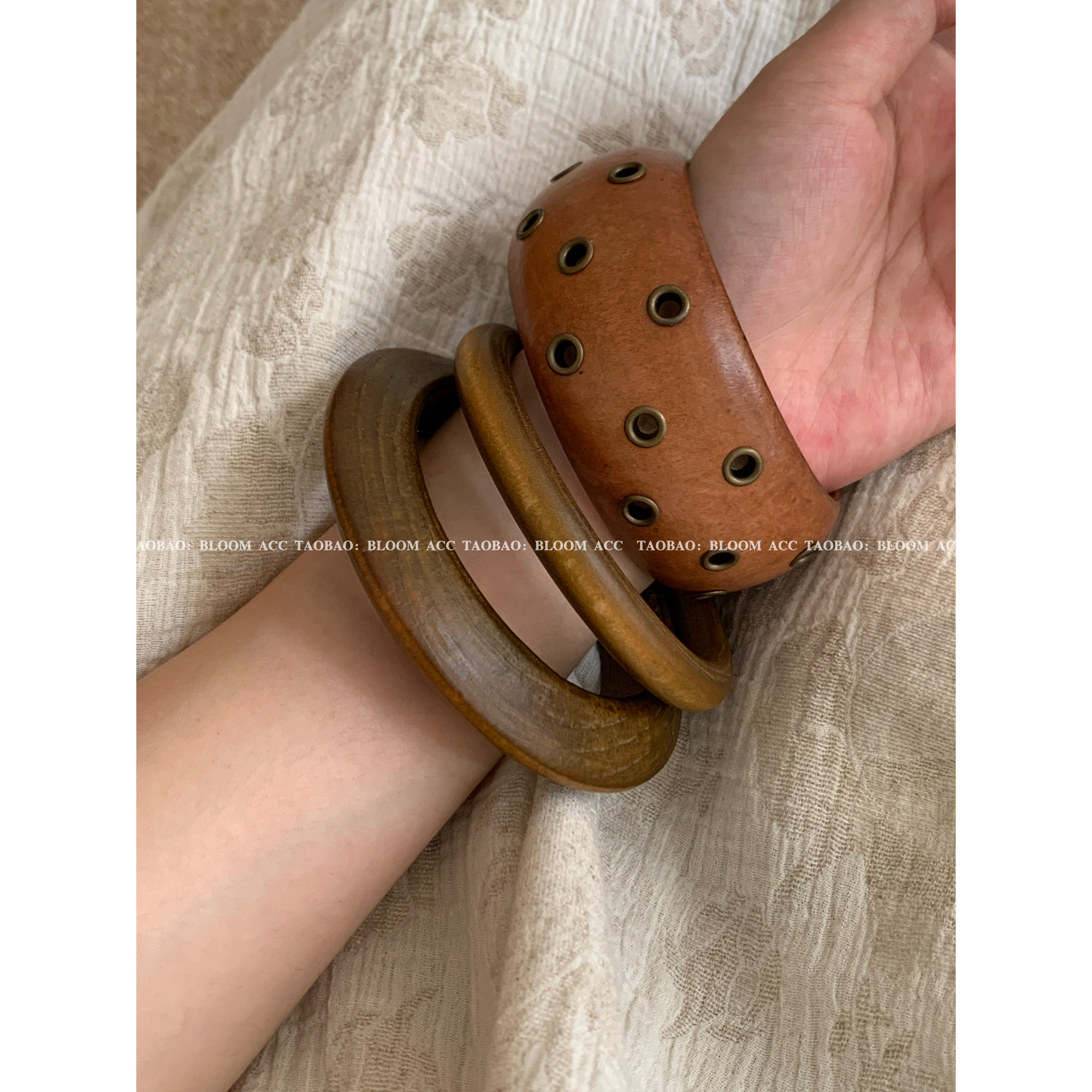 三件套复古波西米亚木质民族风叠戴手镯夸张个性森系手环手饰