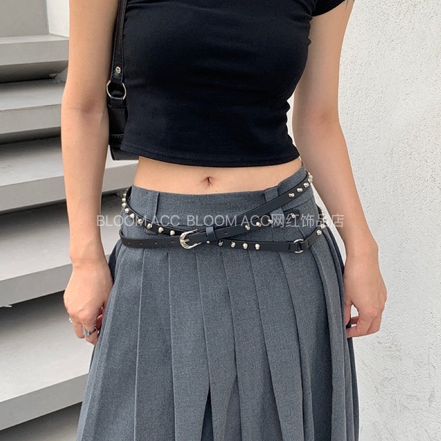 新款欧美辣妹黑色朋克铆钉腰带装饰高级感裤腰带百搭个性女士皮带