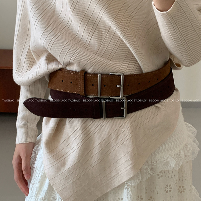 2025秋冬复古磨砂麂皮绒面腰带真皮皮带宽边简约通勤高级棕色腰带