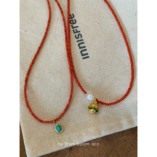 天然珊瑚石红色串珠项链江山意图蓝松石吊坠锁骨链链国风颈链女