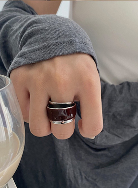 阿水同款美拉德巧克力高级酒红色珐琅釉双开口双层戒指设计感指环