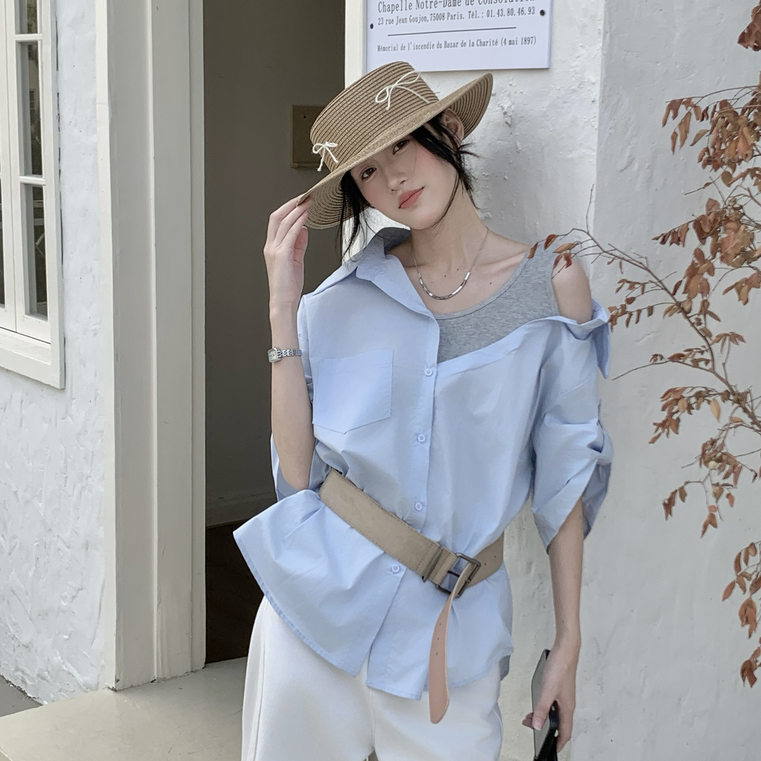 实拍实价性感露肩假两件拼接宽松衬衫女设计感小众百搭不规则衬衣