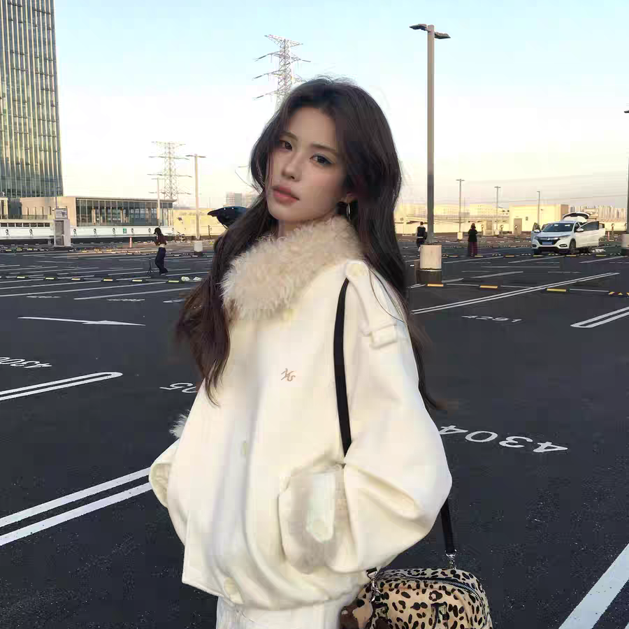 极地廓形毛呢外套极地系列羊毛羊卷毛领翻领短款大衣