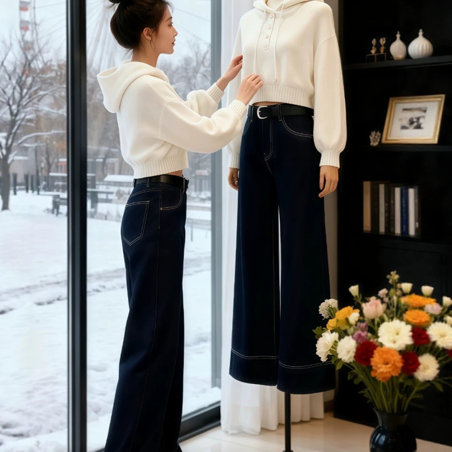 白色半开领短款连帽针织衫女2025秋冬季新款氛围感绝美巨好看上衣